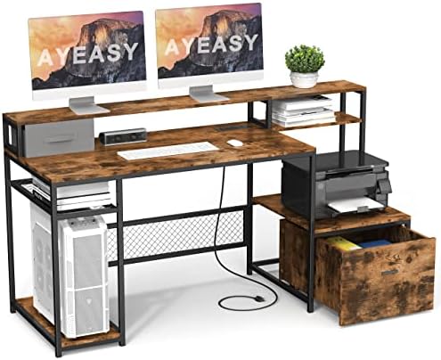 AYEASY Home Office Desk with Monitor Stand Shelf, 66 inch Large Computer Desk with Power Outlet and USB Charging Port, Computer Table with Storage Shelves and Drawer, Study Work Desk, Rustic Brown