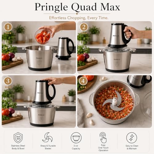 Image of Pringle Quad Max 3L Electric Chopper 400W | Vegetable & Meat Grinder, Mincer | 3 Speed Control | Stainless Steel Body | Multi-Function Food Processor for Kitchen | 1 Yr Warranty
