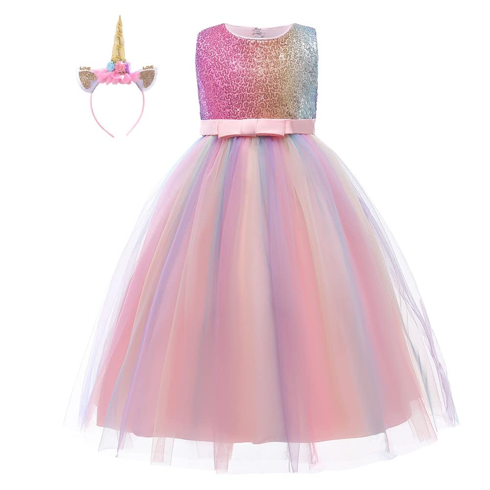 HIHCBF Girls Sequins Unicorn Costume Pageant Princess Party Dress Wedding Birthday Halloween Long Maxi Gown w/Headband Rainbow 8-9T