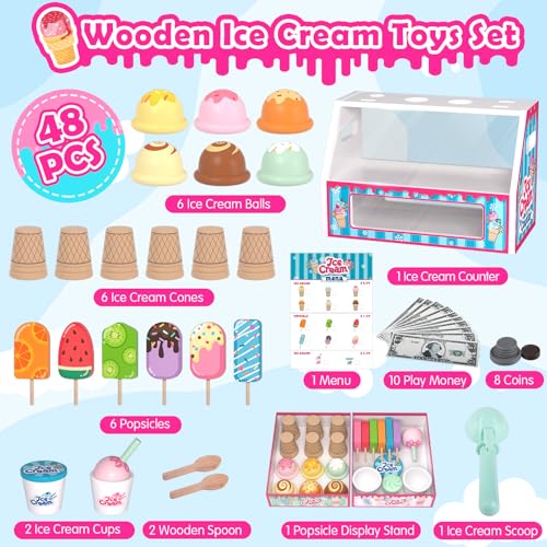 Wooden Ice Cream Toys Kids Toy Food for Toddler Girls 3+, Ice Cream Shop Playset, Pretend Play Kitchen Toys with Display Counter & Fake Money - Wooden Food Toys for 3 4 5 Year Old Girls Boys Birthday