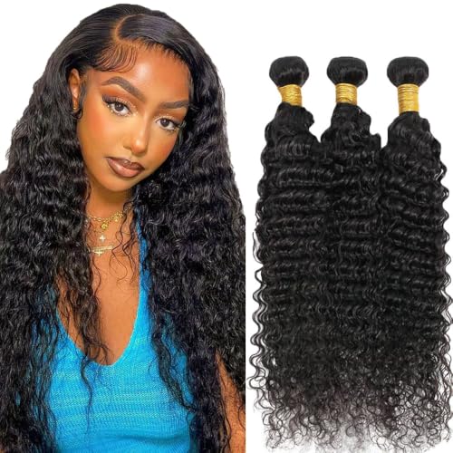 Deep Wave Human Hair Bundles 28 28 28 Inch Natural Black 3 Bundles 100 Gram Per Bundle 300g Total Human Hair Extension Color #1B Unprocessed Brazilian Virgin