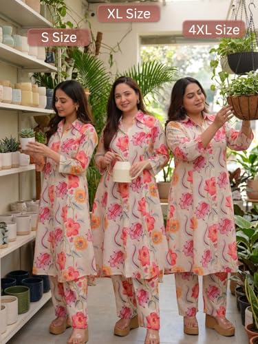Image of Leriya Fashion Women's Cotton Printed A-Line Kurti Pant Set | Abstract Leaf & Floral Kurta with Trouser Pant | Casual Ethnic Co-ord Set for Women Stylish | Elegant Anarkali Style Tunic Kurta Set