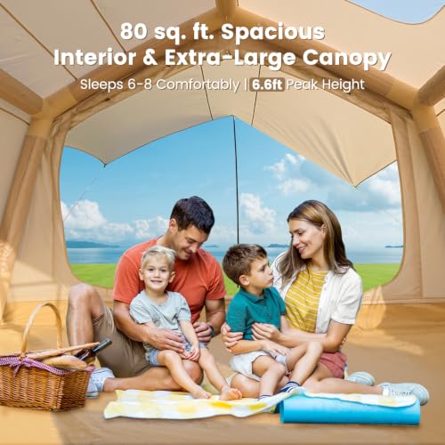 Image of Inflatable Tent, Easy Setup 4 /6 /8 /10 /12 Person Blow Up Tent with Hand Pump | Spacious 2-room glamping tent with quick inflatable setup and waterproof fabric for 4-season family camping adventures