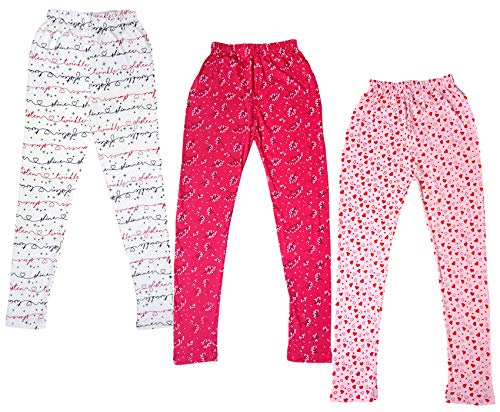 Image of IndiWeaves Girls Cotton Printed Leggings Slim Fit Cotton Stretchable Leggings [Pack of 3] White1, Magenta, Pink