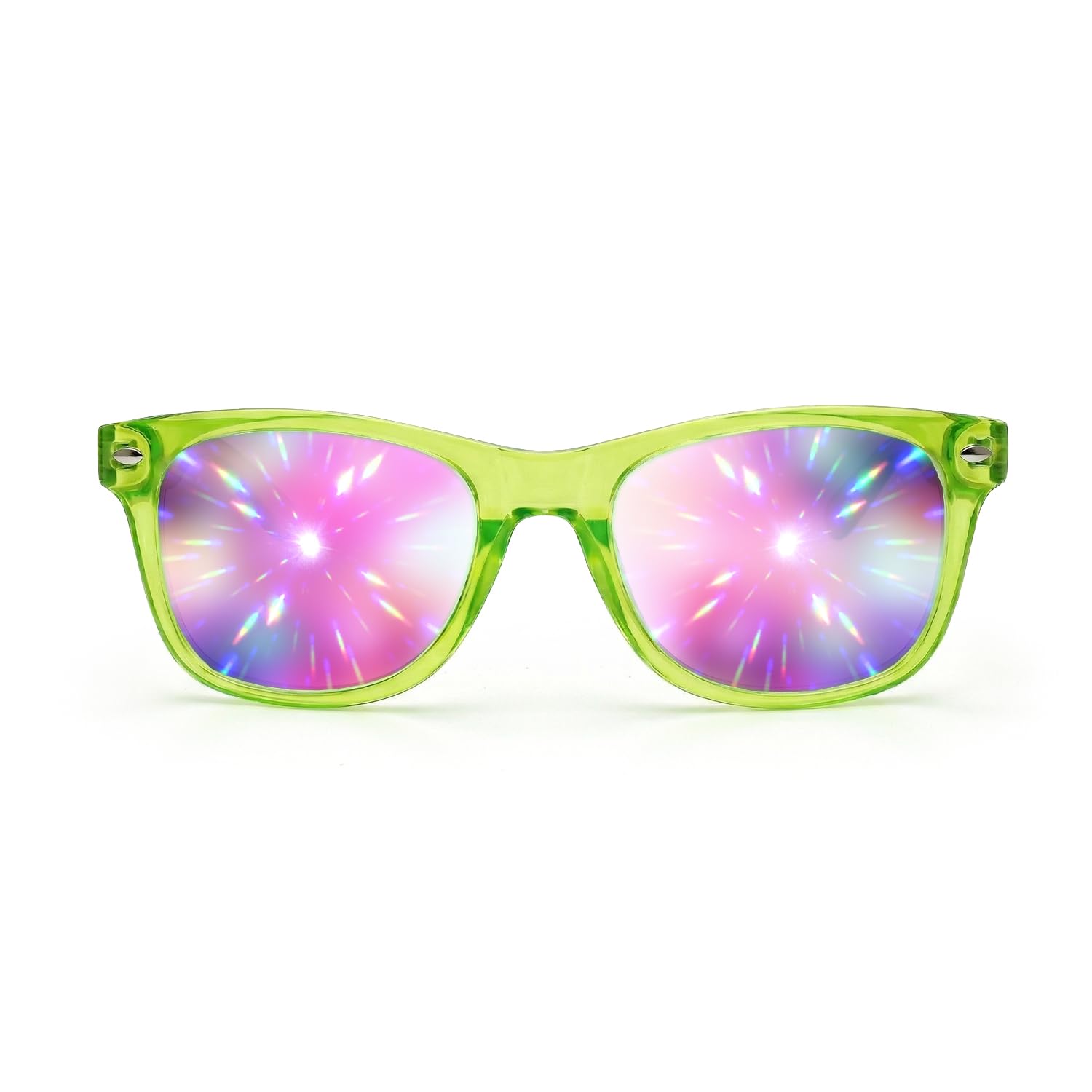 GloFX Ultimate Diffraction Glasses - Transparent Green - 3D Prism Rainbow Effect - Great Edm, Festival, Concert, Fireworks, Christmas Lights, and Rave Accessory - Transparent Green Frames
