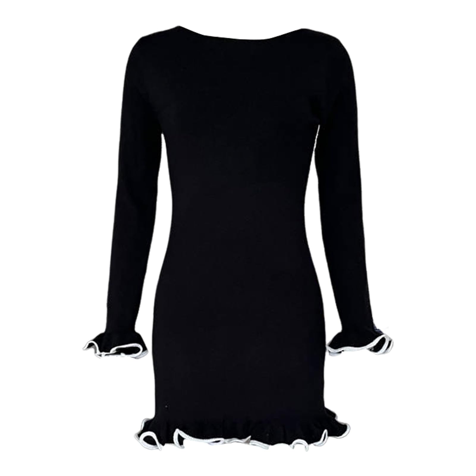 Vestido corto de punto para mujer, para otoño y primavera, vestido de tubo elástico de color sólido con dobladillo y puños con volantes, manga larga, ajuste delgado, elegante vestido de fiesta