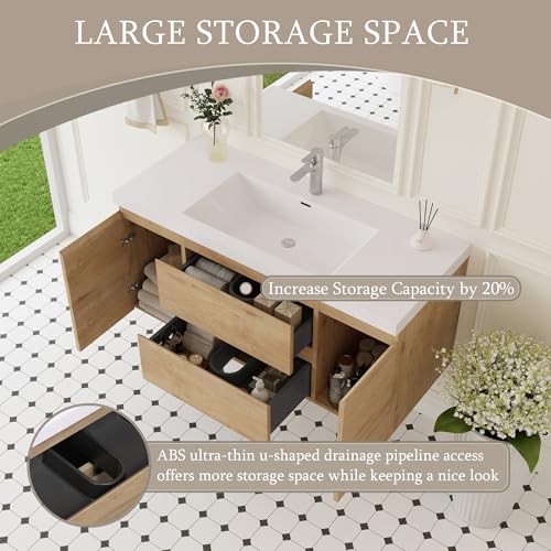 Image of KEIKI 48'' Wall-Mounted Bathroom Vanity with Sink - Floating Design, 2 Soft-Close Drawers & Doors & Resin Basin, Space-Saving for Small Bathrooms, Natural Oak