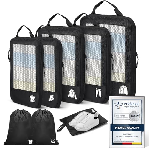 Compression Packing Cubes for Suitcases, Ultralight 8 Set Packing Cubes for Backpack Waterproof Luggage Packing Organizers Expandable for Travel Accessories and Essentials-Black