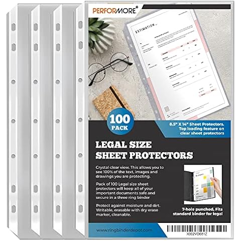 PERFORMORE 10 Pack of 8.5” x 14” Legal Size Heavyweight Clear Sheet Protectors, Plastic Legal Paper Sleeves, Clear Archival Quality, Long Sheet Protectors for Binders Documents (100) Cover