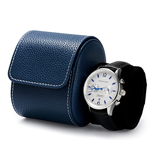 Oirlv Luxury Leather Travel Watch Case Single Watch Box for Men and Women Portable Jewelry Watch Storage Roll Organizer(Blue)