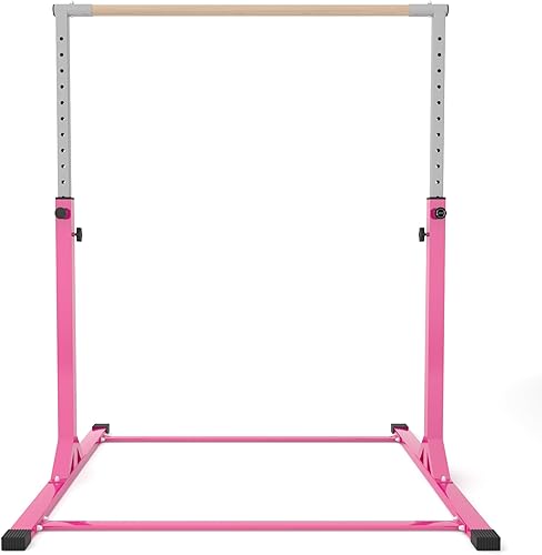 PUPZO Barra de gimnasia rosa, barra horizontal para niños y niñas, barra de gimnasia en casa, antideslizante, fácil de montar, altura ajustable de 3