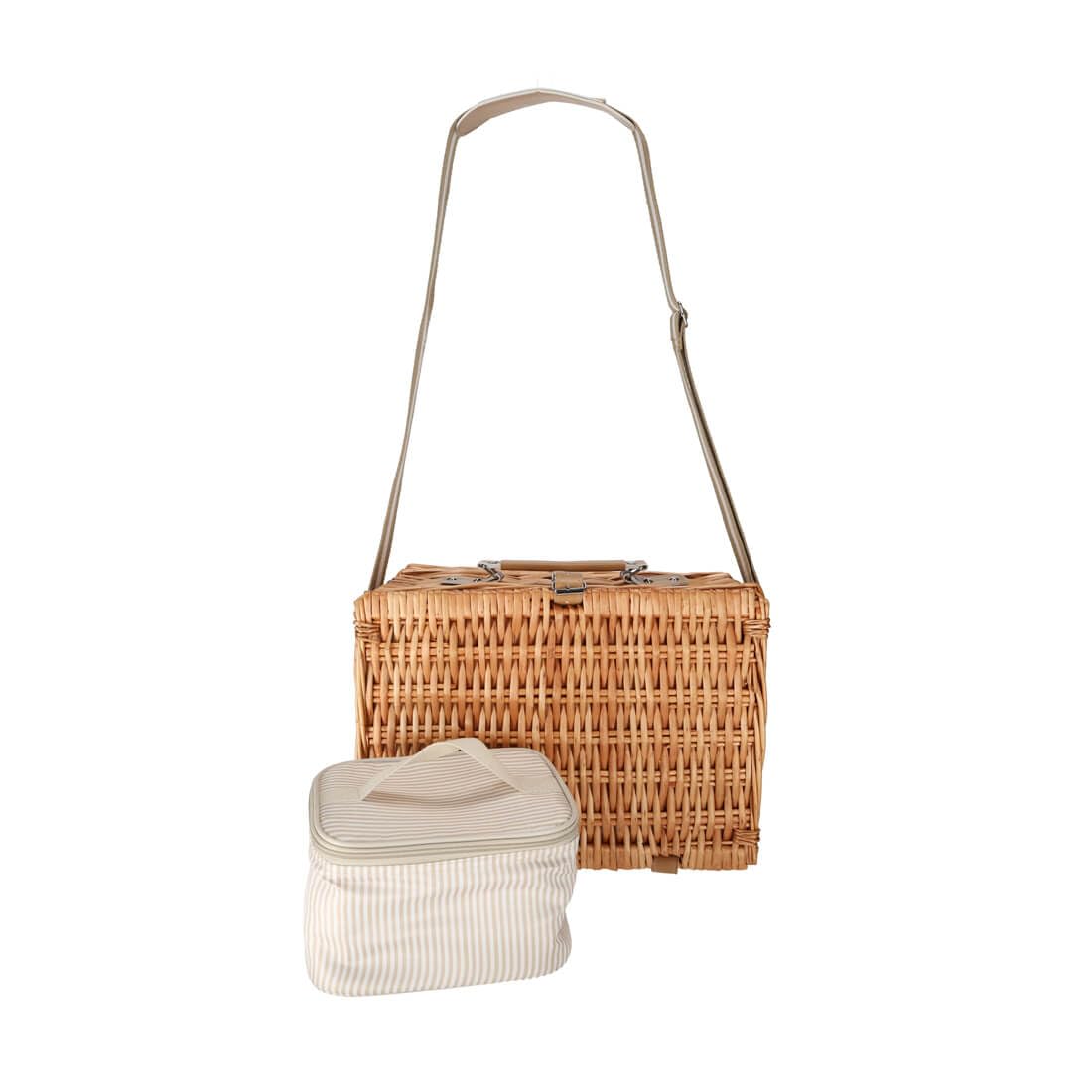 Kit de pique-nique pour 2 personnes | Panier en osier naturel de qualité supérieure avec sac isotherme intégré, couverts en acier inoxydable et vaisselle | Idéal pour le parc et la plage