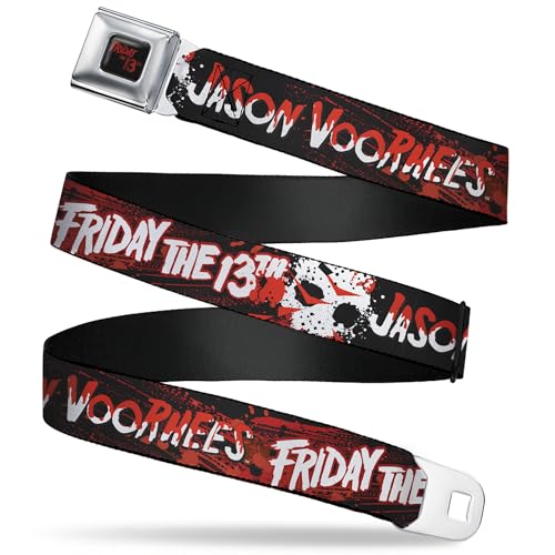 Friday the 13th Belt, Seatbelt Buckle Belt, Friday the 13th Jason Voorhies Mask Text Black Red White, 30 to 44 Inches