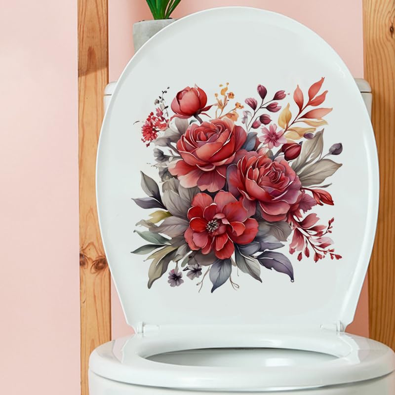 Bonfage Peony Flower Toilet Cover Sticker Decals,Fish Bird Flower Leaf Waterproof Toilet Lid Tank Seat Decals Cistern Self-Adhesive Bathroom Wall Sticker, White
