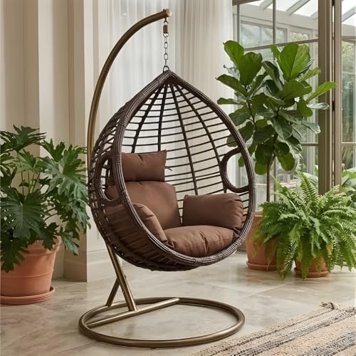 ABX HOME Hanging Swing Chair Egg Indoor Outdoor Patio Wicker Rattan Swing Chair with UV Resistant Random Washable Cushions & Iron Frame for Garden Living Room & Backyard (Brown)