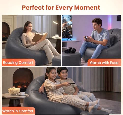 Image of Sattva Classic 3XL Bean Bag Chair with Beans Filled | Faux Leather Sofa Style Bin Bags with Footstool & Cushion | Comfort Beam Bag Sofa for Adults & Teens, Living Room & Office - Grey