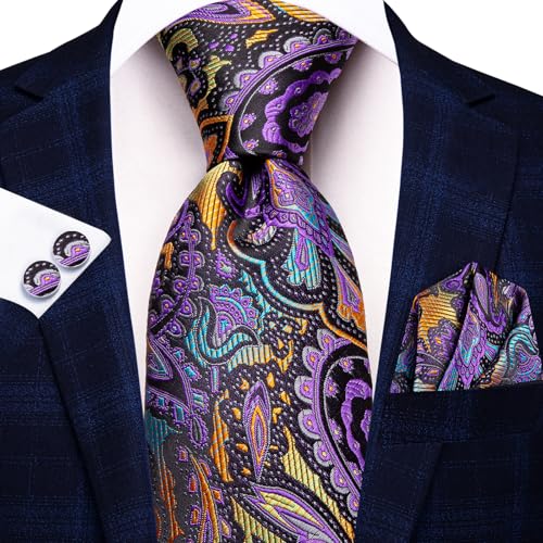 Image of Hi-Tie Men Ties Sets Silk Stripe Paisley Necktie Pocket Square Cufflinks for Business Wedding