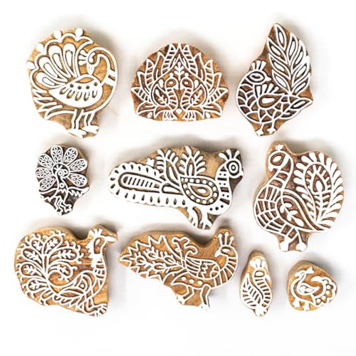 Image of Hashcart Wooden Peacock Design Printing Stamps Set of 10 - Gifts for Craft Lovers and Artists - Handmade Indian Rosewood Blocks for Printing on Fabric and Clay