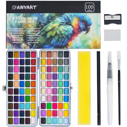 Anyart Set de Pintura de Acuarela 100 Colores con Pincel y Papel en Estuche Portátil, Watercolor, Kit Acuarelas de Viaje para Niños para Profesionales para Artistas y Pintores Aficionados