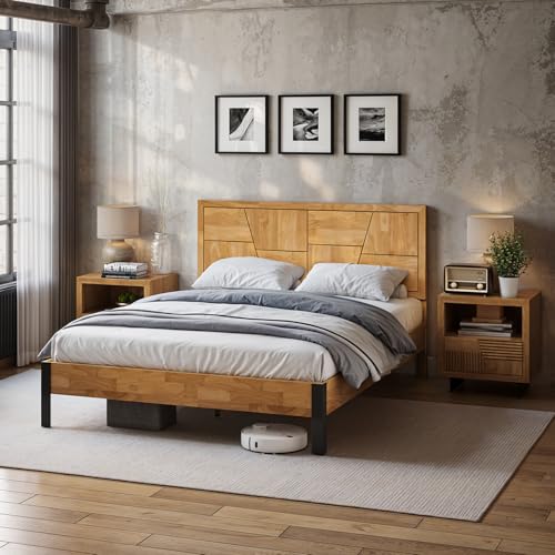 Image of Bme Trapeze Queen Bed Frame - Modern Solid Wood Bed with Smooth Pattern Headboard, Black Metal Legs, Light Natural Finish - Durable Queen Size Platform Bed for Contemporary Bedrooms