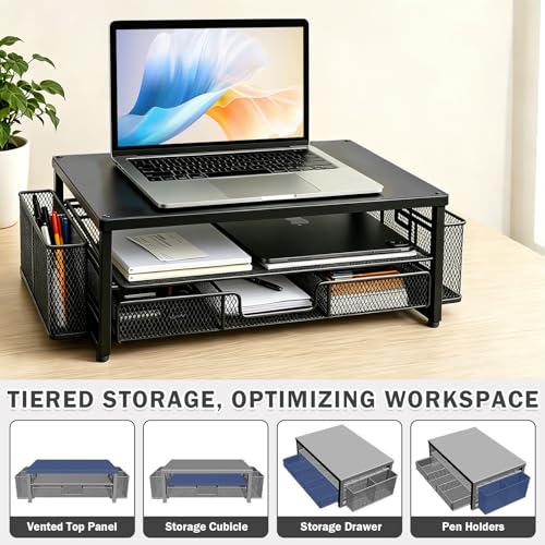 MeYuxg 2-stopniowy stojak na monitor z szufladą i 2 uchwytami na długopisy – ergonomiczny organizer na biurko, podwyższenie monitora komputera, akcesoria biurowe (czarny)