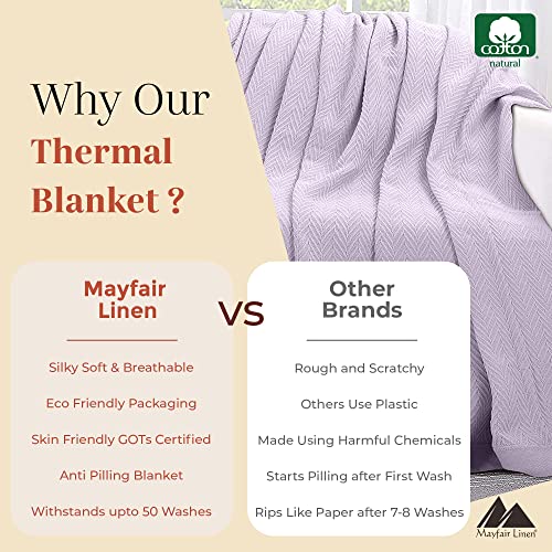 Mayfair Linen Knitted Geometric Herringbone Pattern Handwoven Blanket 100% Long Staple Cotton - Soft & Cozy Thermal All Season Throw For Bed Couch Chair Outdoors (Full/Queen, Lilac) #TOP2