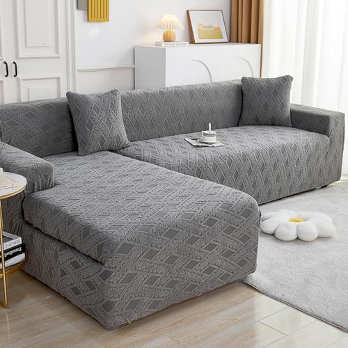 Housse canapé d'angle extensible Jacquard gris foncé 2 places salon - 4