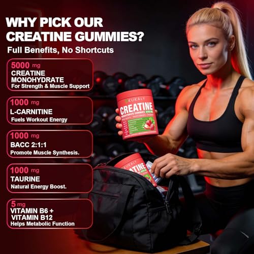 Image of Creatine Monohydrate Gummies for Men & Women, 8500MG Creatine Gummies Sugar Free Strawberry Flavored with L-Taurine, BCAA 2:1, B12 B6 for Boost Strength, Focus & Endurance, Vegan, Non-GMO, 120pcs