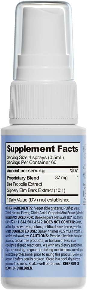 Propolis Throat Soother by Beekeeper's Naturals – Maximum Throat Relief w/ Menthol, Slippery Elm, Bee Propolis Extract – Fast-acting & Cooling Comfort (1.0 oz)(Pack of 1) - Image 8