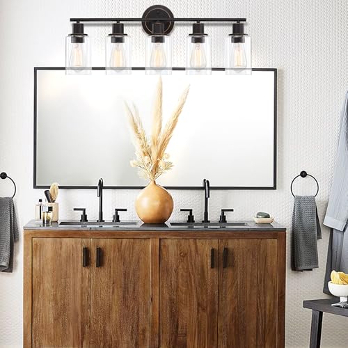 Image of 5-Light Oil Rubbed Bronze Bathroom Vanity Light Over Mirror, Oil Rubbed Bronze 5-Bulb Wall Sconce Above Kitchen Sink, Brown Wall Sconce for Bathroom Vanity