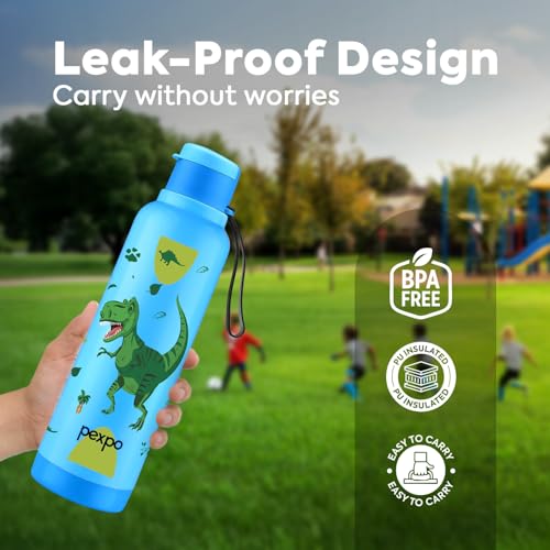 Image of Go24 pexpo Sonnet 700 PU Insulated Stainless Steel Water Bottle for Kids - 500ml (Pack of 2) | Flip-Top Cap | Leakproof & BPA Free| Carry Strap | for School, Picnic, Outdoor - Blue Dinosaur Print