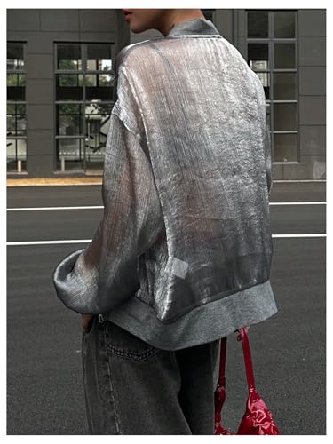SHENHE Women's Y2k Sheer Bomber Jacket Oversized Lightweight Organza Zip Up Jacket Streetwear2