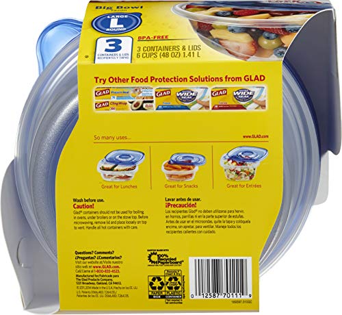 Gladware Big Bowl Food Storage Containers, Large Round Bowl Holds 48 Ounces Of Food, 3 Count Set | Glad Food Storage Containers For Everyday Use To Preserve Freshness #TOP2