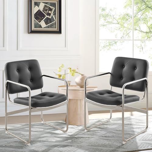 Image of MALOL Modern Accent Dining Chairs Set of 2, Button Faux Leather Upholstered Dining Room Arm Chair with Metal Legs for Dining Room /Kitchen /Living Room /Home /Restaurant /Coffee Shop, Black