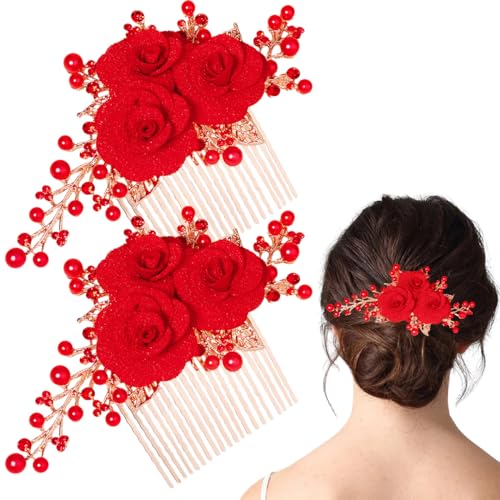 2 peines para el pelo de flores, peine de rosa roja, clip de pelo rojo, peines laterales de novia, peines florales de diamantes de imitación, peines de perlas de flores de perlas, accesorio para el