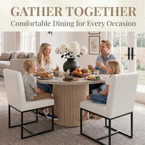 Image of HNY Modern Dining Chairs Set of 4, Upholstered Leather Dining Room Chairs with Ergonomic Back & Metal Frame for Home, Kitchen, Apartment, White