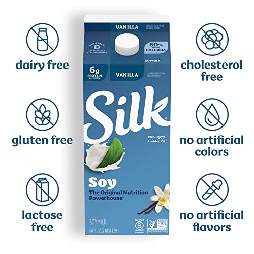 Silk Soy Milk, Vanilla, Dairy Free, Gluten Free, Vegan Milk With Vitamin D To Help Support Strong Bones, 64 Fl Oz Half Gallon #TOP4