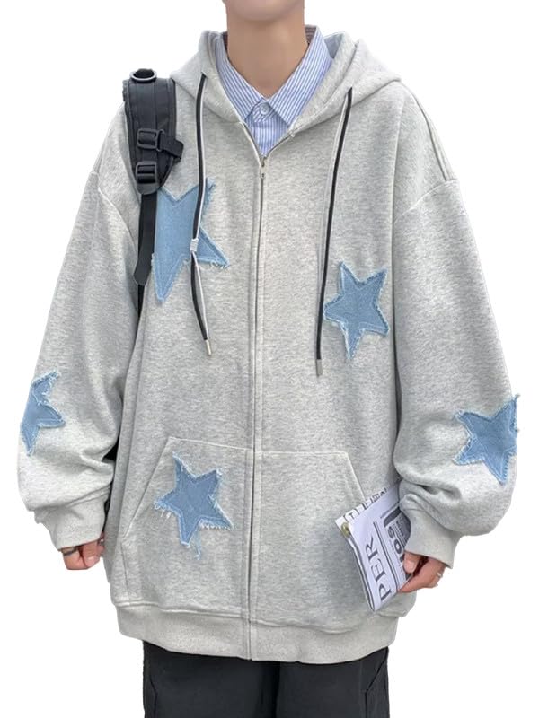 Image of BAIMORE Unisex Vintage Blue Star Patch Drawstring Zipper Hoodie Loose Casual Couple Jacket