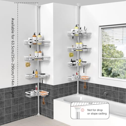 Image of KEGII Corner Shower Caddy Tension Pole - Chrome 4-Tier Adjustable Shower Tension Rod Organizer with Hooks & Soap Holders, 25-114.2 Inch Stainless Steel Shower Storage Rack for Renters & Family