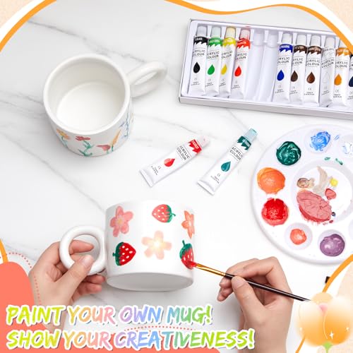Image of Geiserailie Mug Painting Kit for Adults, Paint Your Own Ceramic Mug DIY Set with 2 Mugs, 12 Acrylic Paints, 3 Brushes & Palette Creative Gift for Graduation Mother's Day Birthday Party(Straight)
