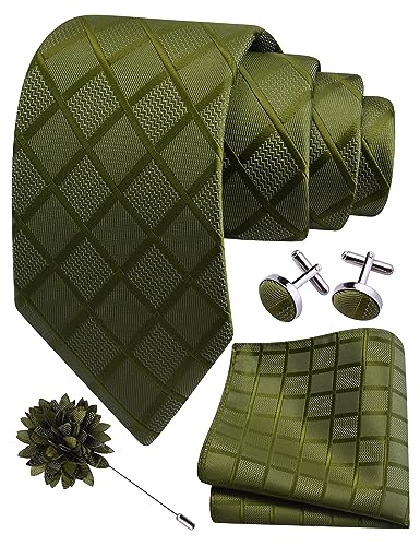 Image of GUSLESON 3.15 inch(8cm) Mens Tie and Lapel Pin Plaid Checkered Necktie Hankerchief Cufflinks Set for Men
