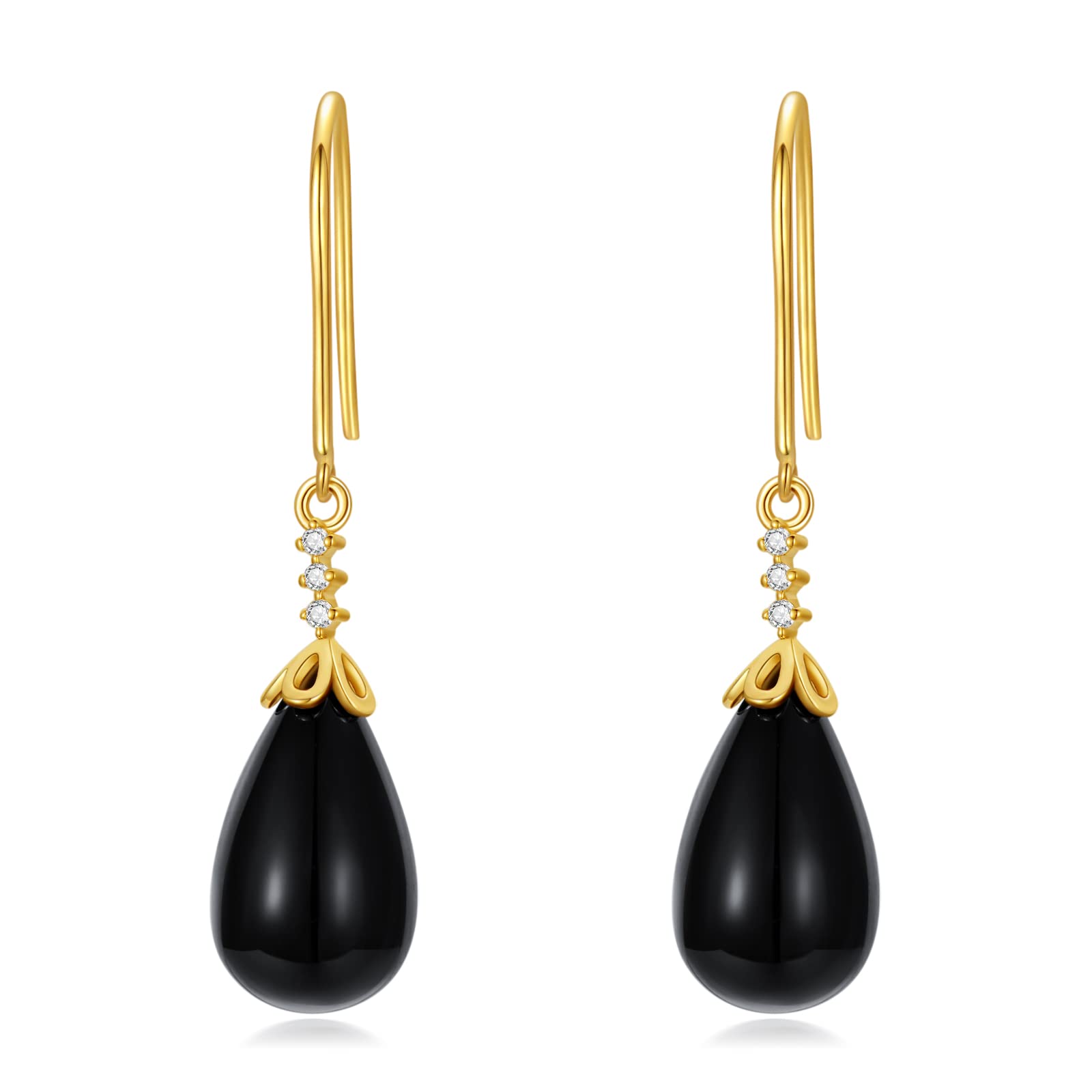 MRENITE Solid 14kt Yellow Gold Black Onyx Dangle Earrings for Wife/Mother/Daughter/Women, Petal/Double/Halo Black Onyx Teardrop Earrings Gift for