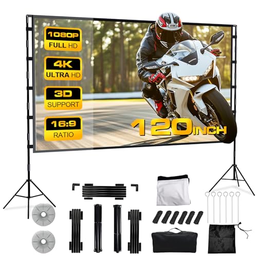 Stanew Projector Screen with Stand 120 Inch Indoor Outdoor Stand Foldable Portable Anti Crease Movie Screen 169 Hd 4 k for Home Theater Theater Outdoor with Projection Screen Carry Bag