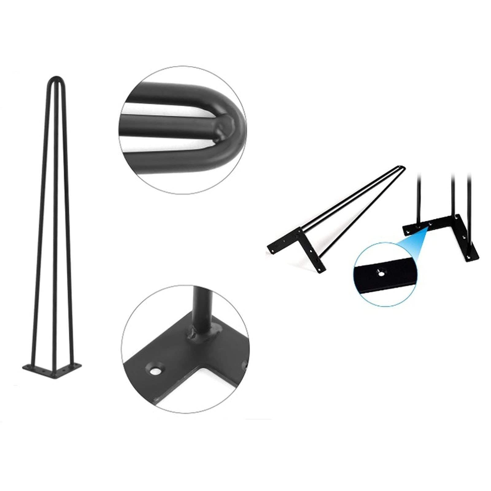 4 Piezas Patas de Muebles Three Rod Horquilla Metal Hierro Apoyo Escritorio Mesa Pies Negro,con Tornillos y Bases Protectoras Bricolaje para Mesa Café(Size:50cm/19.6in)
