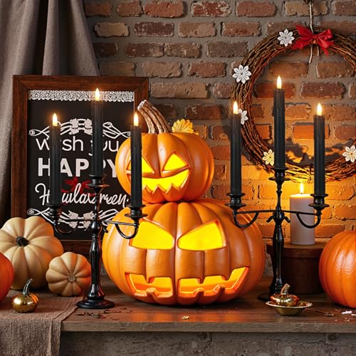 Image of 6.7 Inch Black Flameless Taper Candles, Short Taper Candles Battery Operated with Flickering 3D Flame, Led Candle Sticks Safe for Windowsill Wedding Home Halloween Decor, Set of 6