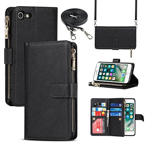 Jaorty iPhone SE 2022/SE 2020/iPhone 8/iPhone 7 Phone Case Wallet for Women Men with Card Holder,iPhone SE 2022 Crossbody Case with Strap Shoulder Lanyard,Zipper Pocket PU Leather Cases,4.7