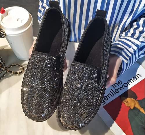 Women Rhinestone Platform Loafers,Glitter Fashion Slip-On Sparkle Bling Sequin Sneakers Fall 2022 Casual Flat (Black,9.5) #TOP1