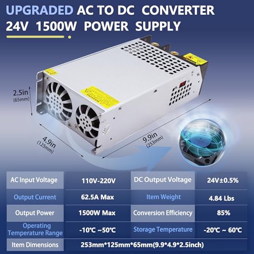 New Upgraded DIY SMPS 110V 230V AC to DC 24V 62.5V 1500W Power Supply Adapter,Converter Power Supply,DC 24V Voltage Transformer for Motor Pump CCTV 3D Printer Air Compressor Led (24V-62.5A-1500W)2