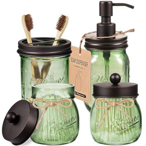 Amolliar Mason Jar Bathroom Accessories Set 4 Pcs Green Glass Bathroom Set