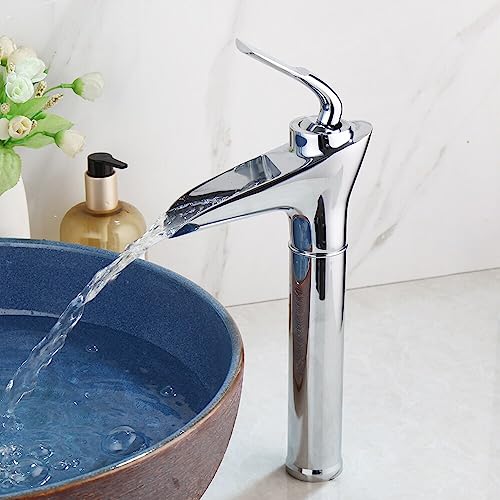 Grifo de lavabo alto cromado monomando con caño de cascada para baño moderno 2